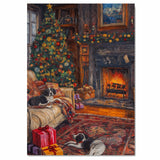 Vintage Christmas Living Room with Tree, Fireplace, and Sleeping Puppies, Cozy Holiday Scene with Warm Lights, Gifts, and Festive Garland on Ready to Hang 1.5" Thick Canvas Wrap, Floating Framed Canvas, Flat Rolled Canvas