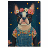 Whimsical Boston Terrier in Floral Overalls Under Starry Night Sky Charming Dog Art Perfect for Nursery Living Room Decor and Dog Lover Gifts on Ready to Hang 1.5" Thick Canvas Wrap, Floating Framed Canvas, Flat Rolled Canvas