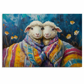 Adorable Painting of Two Sheep Wrapped in Colorful Quilted Blankets with Smiling Faces Surrounded by Flowers and a Deep Blue Whimsical Background on Ready to Hang 1.5" Thick Canvas Wrap, Floating Framed Canvas, Flat Rolled Canvas