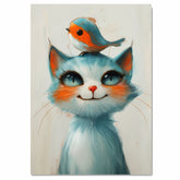 Charming Blue and White Cat with Red-Breasted Bird on Head Illustration for Kids Room or Nursery Cute Whimsical Animal Art with Bright and Playful Expression on Ready to Hang 1.5" Thick Canvas Wrap, Floating Framed Canvas, Flat Rolled Canvas