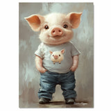 Adorable Piglet in T-Shirt and Jeans with Hands in Pockets – Whimsical Animal Portrait Illustration on Ready to Hang 1.5" Thick Canvas Wrap, Floating Framed Canvas, Flat Rolled Canvas