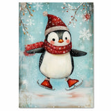 Whimsical Christmas Penguin Ice Skating in Red Scarf and Santa Hat – Cheerful Holiday Animal Art for Winter Nursery Decor, Gifts, or Seasonal Wall Accents on Ready to Hang 1.5" Thick Canvas Wrap, Floating Framed Canvas, Flat Rolled Canvas