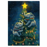 Christmas Baby Elephants Climbing Tree with Ornaments and Star in Cozy Sweaters Under a Starry Sky Holiday Art Print for Kids Room or Seasonal Decor on Ready to Hang 1.5" Thick Canvas Wrap, Floating Framed Canvas, Flat Rolled Canvas