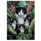 Paradise Paws: Tuxedo Mom and Three Kittens in a Tropical Forest on Ready to Hang 1.5" Thick Canvas Wrap, Floating Framed Canvas, Flat Rolled Canvas