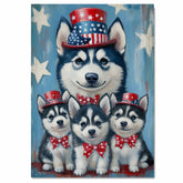 Land of the Free: Siberian Husky Mom with Three Puppies in a Patriotic Tribute Inspiring American-Themed Painting on Ready to Hang 1.5" Thick Canvas Wrap, Floating Framed Canvas, Flat Rolled Canvas