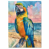 Colorful Parrot Watercolor Painting with Tropical Beach and Ocean Sunset Background on Ready to Hang 1.5" Thick Canvas Wrap, Floating Framed Canvas, Flat Rolled Canvas