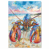 Watercolor Painting of a Colorful Lobster on a Rocky Beach with Ocean Waves and Dramatic Sky in Coastal Marine Style on Ready to Hang 1.5" Thick Canvas Wrap, Floating Framed Canvas, Flat Rolled Canvas
