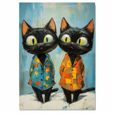 Two Black Cats with Big Eyes in Colorful Star and Plaid Pajamas Expressive Whimsical Art Print for Bedroom Nursery or Cat Lover’s Quirky Animal Wall Decor on Ready to Hang 1.5" Thick Canvas Wrap, Floating Framed Canvas, Flat Rolled Canvas