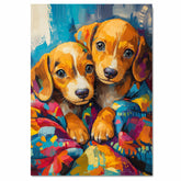 Two Adorable Puppies Snuggled in Colorful Blanket Expressive Brushstroke Art Print for Nursery Bedroom or Whimsical Dog Lovers Wall Decor on Ready to Hang 1.5" Thick Canvas Wrap, Floating Framed Canvas, Flat Rolled Canvas