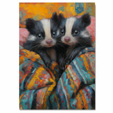Whimsical Painting of Two Cute Skunks Wrapped in a Colorful Blanket with Sweet Expressions Perfect for Nursery Animal Lovers or Cozy Nature-Inspired Themes on Ready to Hang 1.5" Thick Canvas Wrap, Floating Framed Canvas, Flat Rolled Canvas