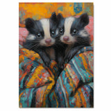 Whimsical Painting of Two Cute Skunks Wrapped in a Colorful Blanket with Sweet Expressions Perfect for Nursery Animal Lovers or Cozy Nature-Inspired Themes on Ready to Hang 1.5" Thick Canvas Wrap, Floating Framed Canvas, Flat Rolled Canvas
