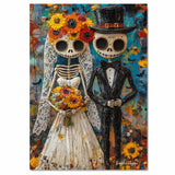 Skeleton Bride and Groom with Floral Accents – Día de los Muertos Wedding Painting with Bold Colors on Ready to Hang 1.5" Thick Canvas Wrap, Floating Framed Canvas, Flat Rolled Canvas