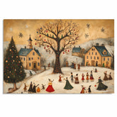 Whimsical Christmas Folk Art Scene with Decorated Tree, Snowy Village, Carolers, and Festive Holiday Celebrations on Ready to Hang 1.5" Thick Canvas Wrap, Floating Framed Canvas, Flat Rolled Canvas
