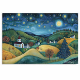 Starry Christmas Night Over Peaceful Village and Hills – Folk Art Holiday Landscape Painting on Ready to Hang 1.5" Thick Canvas Wrap, Floating Framed Canvas, Flat Rolled Canvas