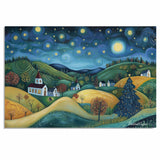 Starry Christmas Night Over Peaceful Village and Hills – Folk Art Holiday Landscape Painting on Ready to Hang 1.5" Thick Canvas Wrap, Floating Framed Canvas, Flat Rolled Canvas