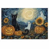 Starry Halloween Night – Black Cat, Pumpkin, and Ghosts Wall Art in Van Gogh Style on Ready to Hang 1.5" Thick Canvas Wrap, Floating Framed Canvas, Flat Rolled Canvas