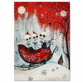 Whimsical Skeleton Sleigh Ride Gothic Christmas Art Print – Red Sky Snowfall, Vintage Sleigh, Spooky Holiday Wall Decor, Skeleton Family Illustration on Ready to Hang 1.5" Thick Canvas Wrap, Floating Framed Canvas, Flat Rolled Canvas