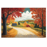 Curving Autumn Road with Blue Cabin and Hills – Colorful Fall Folk Art Landscape Wall Print on Ready to Hang 1.5" Thick Canvas Wrap, Floating Framed Canvas, Flat Rolled Canvas