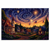 Whimsical 4th of July Village with Fireworks, American Flags, and Glowing Cottages Under a Swirling Starry Sky, Festive Celebration of Patriotism and Magic on Ready to Hang 1.5" Thick Canvas Wrap, Floating Framed Canvas, Flat Rolled Canvas