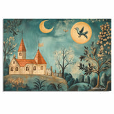 Moonlit Folk Art Dreamscape – Whimsical Church, Trees & Bird in Antique Style on Ready to Hang 1.5" Thick Canvas Wrap, Floating Framed Canvas, Flat Rolled Canvas
