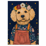 Charming Golden Doodle in Floral Overalls and Flower Crown Playful Dog Art for Nursery Kids Room Living Room Decor and Perfect Gift for Dog Lovers on Ready to Hang 1.5" Thick Canvas Wrap, Floating Framed Canvas, Flat Rolled Canvas