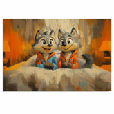 Adorable Painting of Two Playful Cartoon Wolves in Pajamas with Bright Expressions Sitting on a Bed in a Warm Whimsical Bedroom Scene for Kids and Families on Ready to Hang 1.5" Thick Canvas Wrap, Floating Framed Canvas, Flat Rolled Canvas