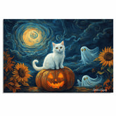 Whimsical Halloween Night with White Cat on Jack-o’-Lantern, Sunflowers, Glowing Ghosts, and a Starry Swirled Sky on Ready to Hang 1.5" Thick Canvas Wrap, Floating Framed Canvas, Flat Rolled Canvas