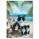 Seaside Serenity: Tuxedo Cat Mom and Three Kittens Relaxing on a Beach Chair on Ready to Hang 1.5" Thick Canvas Wrap, Floating Framed Canvas, Flat Rolled Canvas