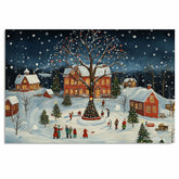 Christmas Folk Art Scene with Snowy Village, Lit Windows, Decorated Trees, and Families Celebrating Under Snowfall on Ready to Hang 1.5" Thick Canvas Wrap, Floating Framed Canvas, Flat Rolled Canvas
