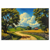 Winding Country Road with Barn and Fields Under Blue Sky – Sunny Summer Folk Art Landscape Print on Ready to Hang 1.5" Thick Canvas Wrap, Floating Framed Canvas, Flat Rolled Canvas
