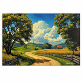 Winding Country Road with Barn and Fields Under Blue Sky – Sunny Summer Folk Art Landscape Print on Ready to Hang 1.5" Thick Canvas Wrap, Floating Framed Canvas, Flat Rolled Canvas