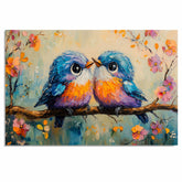 Painting of Two Cute Plump Birds Sitting Close Together on a Blossom Covered Branch with Bright Feathers Big Eyes and a Playful Springtime Background on Ready to Hang 1.5" Thick Canvas Wrap, Floating Framed Canvas, Flat Rolled Canvas