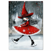 Whimsical Christmas Witch Ice Skating Art Print – Red Holiday Dress, Gothic Winter Magic Illustration, Enchanted Seasonal Wall Decor for Wiccan or Fairycore Vibes on Ready to Hang 1.5" Thick Canvas Wrap, Floating Framed Canvas, Flat Rolled Canvas