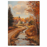 Autumn Stream by the Cottage – Rustic Fall Landscape Oil Painting Print on Ready to Hang 1.5" Thick Canvas Wrap, Floating Framed Canvas, Flat Rolled Canvas