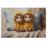 Delightful Painting of Two Monkeys in Yellow Hooded Jackets Sitting Side by Side with Big Eyes and Happy Expressions on a Soft Bed with Blue Pillows on Ready to Hang 1.5" Thick Canvas Wrap, Floating Framed Canvas, Flat Rolled Canvas