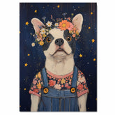Dog Wall Art Boston Terrier in Floral Crown and Overalls Whimsical Nursery Decor Cottagecore Dog Lovers Gift Farmhouse Bedroom Country Wall Art on Ready to Hang 1.5" Thick Canvas Wrap, Floating Framed Canvas, Flat Rolled Canvas