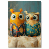 Two Cute Owls in Colorful Pajamas with Big Eyes and Floral Patterns Sitting on Blanket Whimsical Art Print for Bedroom Nursery or Cozy Animal Wall Decor on Ready to Hang 1.5" Thick Canvas Wrap, Floating Framed Canvas, Flat Rolled Canvas