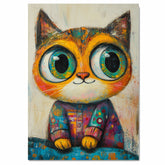 Cute Big-Eyed Cat in Colorful Patterned Pajamas Sitting on Blanket Expressive Brushstroke Art Print for Nursery Bedroom or Whimsical Animal Wall Decor on Ready to Hang 1.5" Thick Canvas Wrap, Floating Framed Canvas, Flat Rolled Canvas