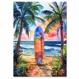 Watercolor Painting of Multicolored Surfboard on Beach Path with Sunset and Palm Trees on Ready to Hang 1.5" Thick Canvas Wrap, Floating Framed Canvas, Flat Rolled Canvas