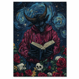 Dark Surreal Art of Horned Devil Figure in Red Hoodie Reading a Book, Surrounded by Skulls, Roses, and Starry Swirling Sky in Gothic Fantasy Style on Ready to Hang 1.5" Thick Canvas Wrap, Floating Framed Canvas, Flat Rolled Canvas