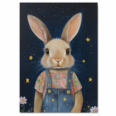 Cute Bunny in Overalls with Floral Shirt Hand Painted Art Whimsical Starry Night Scene Perfect for Home Wall Decor Nursery Kids Room Bedroom or Gift on Ready to Hang 1.5" Thick Canvas Wrap, Floating Framed Canvas, Flat Rolled Canvas