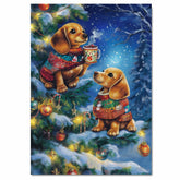 Christmas Dachshund Puppies in Festive Sweaters with Hot Cocoa and Ornaments in a Snowy Night Scene Art Print for Holiday Home or Nursery Display on Ready to Hang 1.5" Thick Canvas Wrap, Floating Framed Canvas, Flat Rolled Canvas