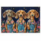 Three Adorable Dachshund Dogs in Floral Overalls Under a Starry Sky Fun and Whimsical Dog Artwork for Living Room Nursery or Pet Lover Gift Decor on Ready to Hang 1.5" Thick Canvas Wrap, Floating Framed Canvas, Flat Rolled Canvas