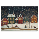 Vintage Christmas Folk Art Scene with Horse-Drawn Sleigh, Snowy Village Homes, Lit Windows, and Falling Snowflakes on Ready to Hang 1.5" Thick Canvas Wrap, Floating Framed Canvas, Flat Rolled Canvas
