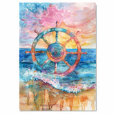 Watercolor Painting of Colorful Nautical Ship Wheel over Ocean Waves with Sunset Sky in Shades of Blue Coral and Golden Yellow on Ready to Hang 1.5" Thick Canvas Wrap, Floating Framed Canvas, Flat Rolled Canvas