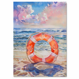 Watercolor Painting of a Life Ring on the Beach Framed by Waves and Colorful Sky with Nautical Anchor Design on Ready to Hang 1.5" Thick Canvas Wrap, Floating Framed Canvas, Flat Rolled Canvas