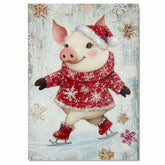 Whimsical Christmas Pig Ice Skating – Red Snowflake Sweater Holiday Animal Art Print, Festive Nursery Decor or Winter Farmhouse Gift on Ready to Hang 1.5" Thick Canvas Wrap, Floating Framed Canvas, Flat Rolled Canvas