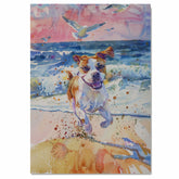 Watercolor Dog Running Through Surf with Flying Birds and Splashing Waves in Colorful Coastal Beach Scene Art Print on Ready to Hang 1.5" Thick Canvas Wrap, Floating Framed Canvas, Flat Rolled Canvas