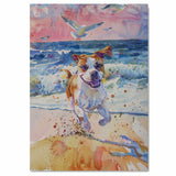 Watercolor Dog Running Through Surf with Flying Birds and Splashing Waves in Colorful Coastal Beach Scene Art Print on Ready to Hang 1.5" Thick Canvas Wrap, Floating Framed Canvas, Flat Rolled Canvas