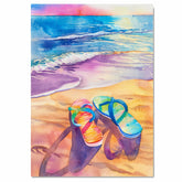 Colorful Flip-Flops on Sandy Beach Watercolor Painting with Ocean Waves and Sunset Sky in Vibrant Summer Style on Ready to Hang 1.5" Thick Canvas Wrap, Floating Framed Canvas, Flat Rolled Canvas